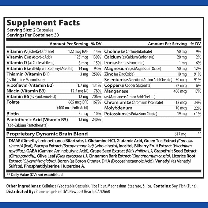 SuperMart Stonehenge Health Dynamic Brain Supplement – Memory, Focus, & Clarity– Formulated with 40 Unique Nootropic Ingredients: Choline, Phosphatidylserine, Bacopa Monnieri, and Huperzine A