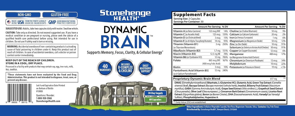 SuperMart Stonehenge Health Dynamic Brain Supplement – Memory, Focus, & Clarity– Formulated with 40 Unique Nootropic Ingredients: Choline, Phosphatidylserine, Bacopa Monnieri, and Huperzine A