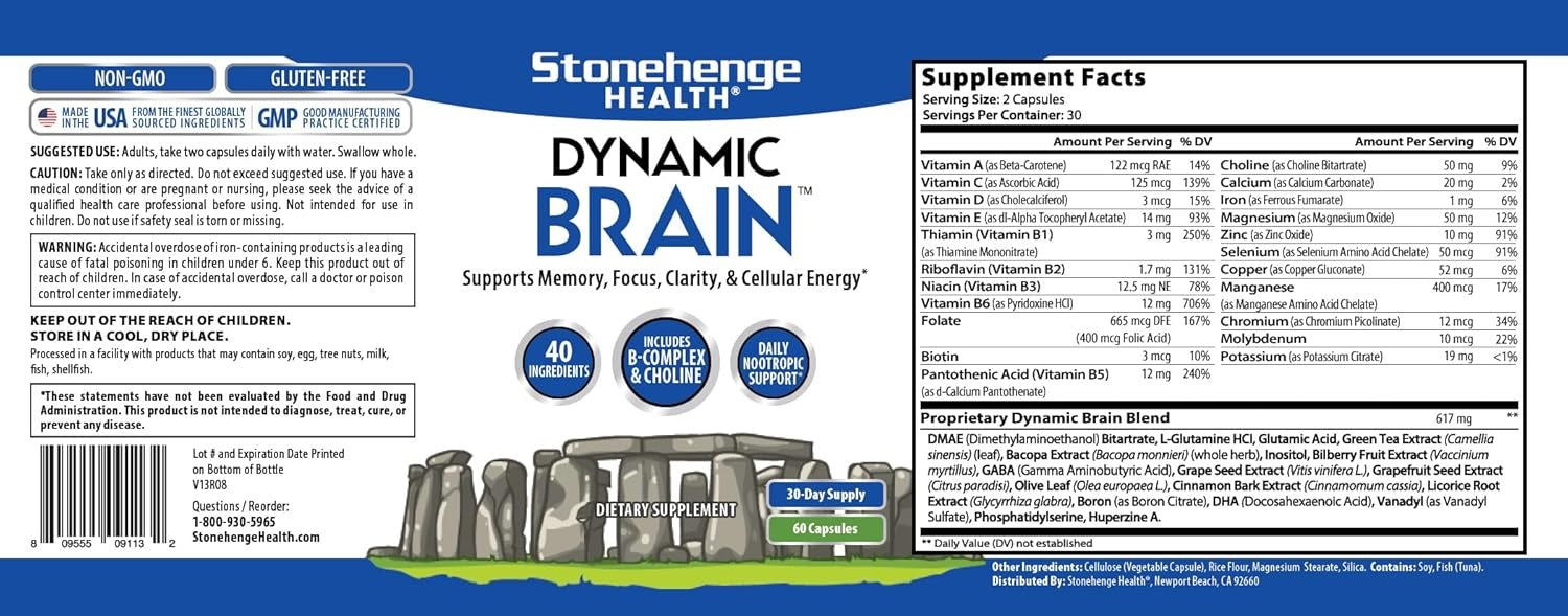 SuperMart Stonehenge Health Dynamic Brain Supplement – Memory, Focus, & Clarity– Formulated with 40 Unique Nootropic Ingredients: Choline, Phosphatidylserine, Bacopa Monnieri, and Huperzine A