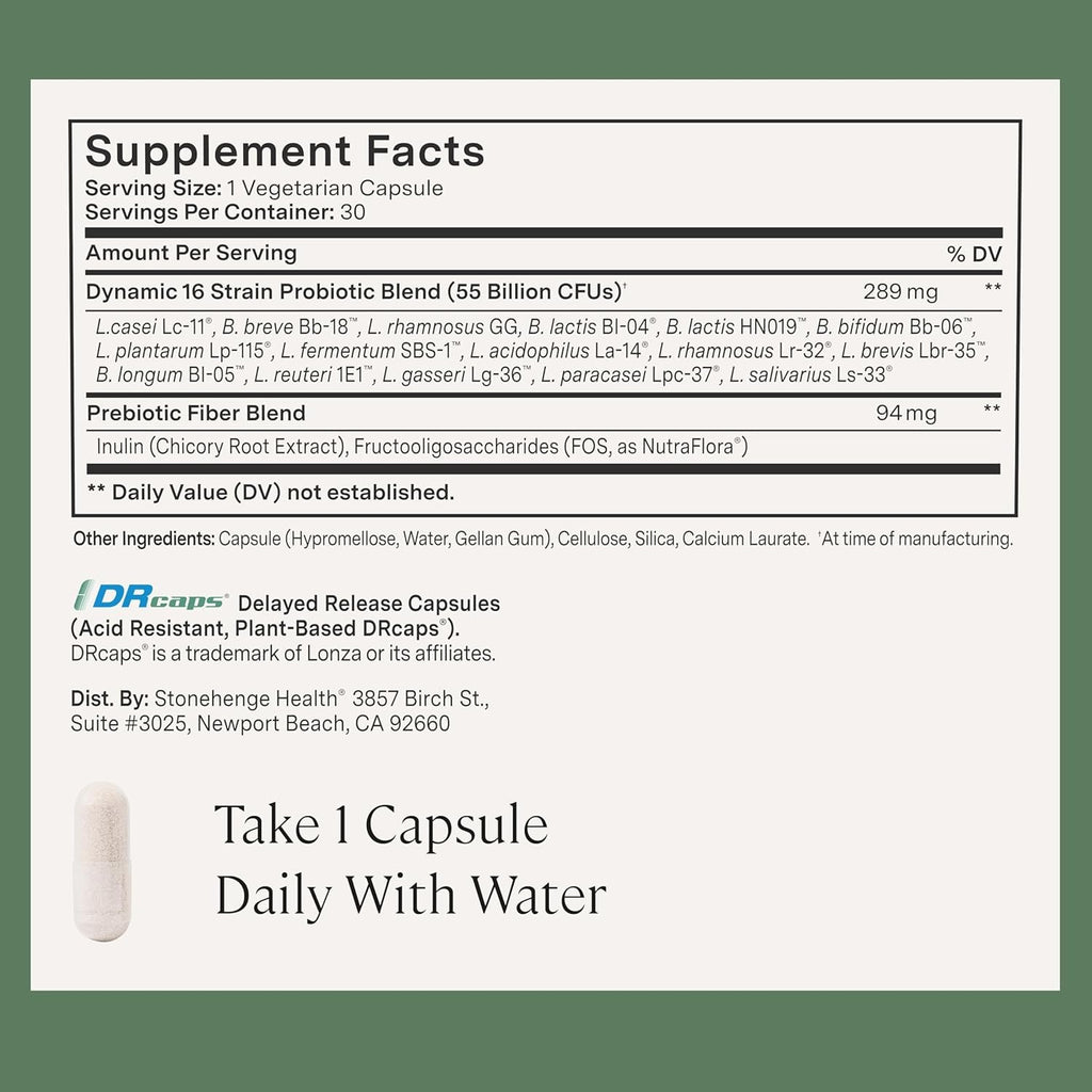 SuperMart Stonehenge Health Probiotics 55 Billion CFU - 16 Strains, Prebiotic, Synbiotics Dynamic Biotics - Lactobacillus Acidophilus, Delayed Release, Shelf Stable, Non-GMO Gluten Free Veggie Capsule