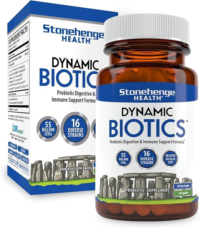 SuperMart Stonehenge Health Probiotics 55 Billion CFU - 16 Strains, Prebiotic, Synbiotics Dynamic Biotics - Lactobacillus Acidophilus, Delayed Release, Shelf Stable, Non-GMO Gluten Free Veggie Capsule