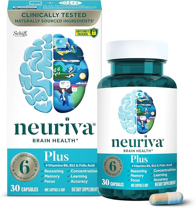 SuperMart NEURIVA Plus Brain Supplement for Memory and Focus Clinically Tested Nootropics for Concentration for Mental Clarity, Cognitive Enhancement Vitamins B6, B12, Phosphatidylserine 30 Capsules