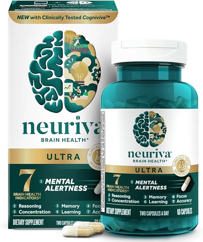 SuperMart NEURIVA Ultra Decaffeinated Clinically Tested Nootropic Brain Supplement for Mental Alertness, Memory, Focus & Concentration, Cognivive, Neurofactor, Phosphatidylserine, Vitamins B6 B12, 60 Capsules
