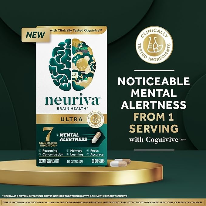 SuperMart NEURIVA Ultra Decaffeinated Clinically Tested Nootropic Brain Supplement for Mental Alertness, Memory, Focus & Concentration, Cognivive, Neurofactor, Phosphatidylserine, Vitamins B6 B12, 60 Capsules