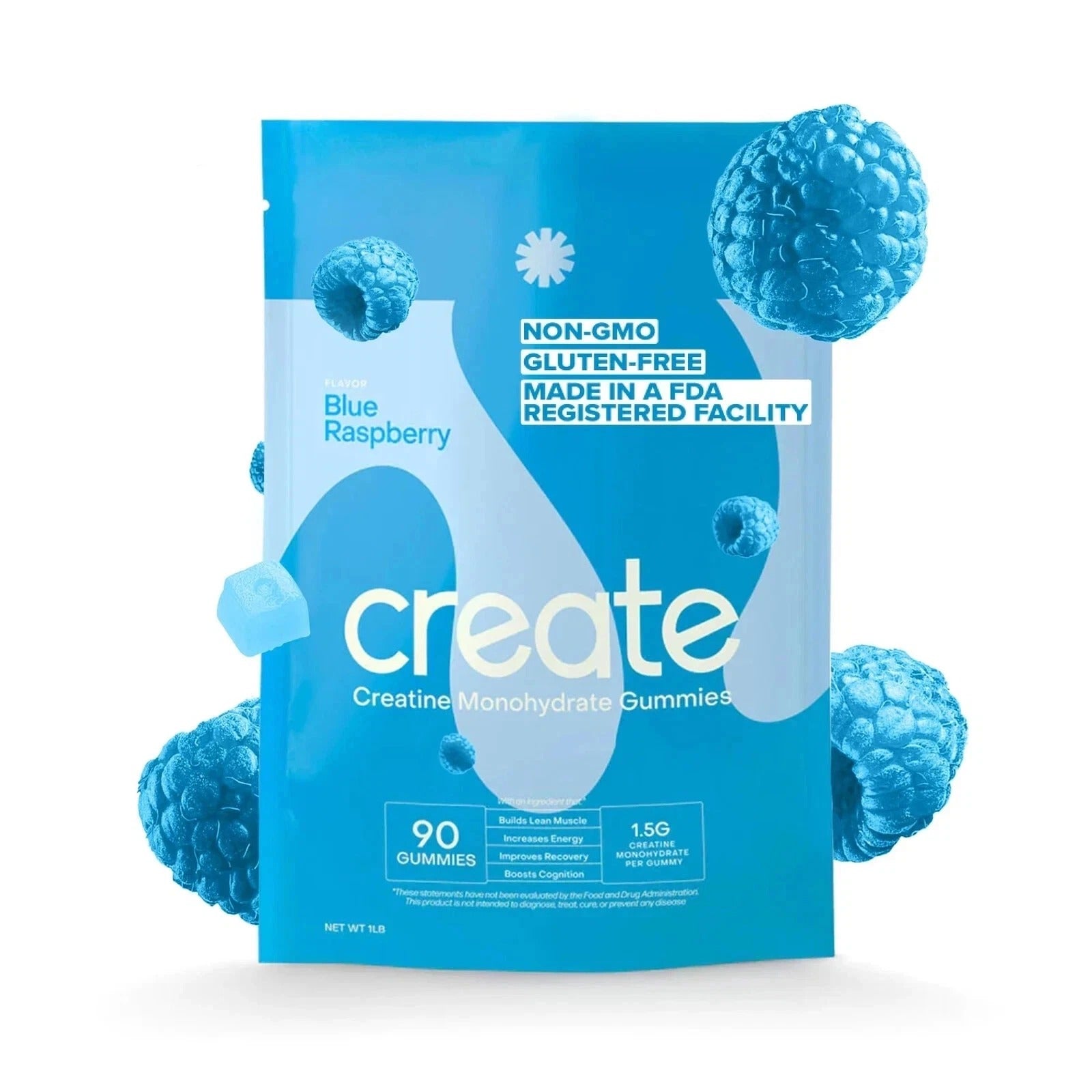 SuperMart Create Creatine Monohydrate Gummies for Men & Women, Boost Focus, Strength, and Endurance, Anti-Melting Formula, Vegan, Gluten-Free, Non-GMO, 1.5g of Creatine per Gummy (Blue Raspberry, 90 ct)