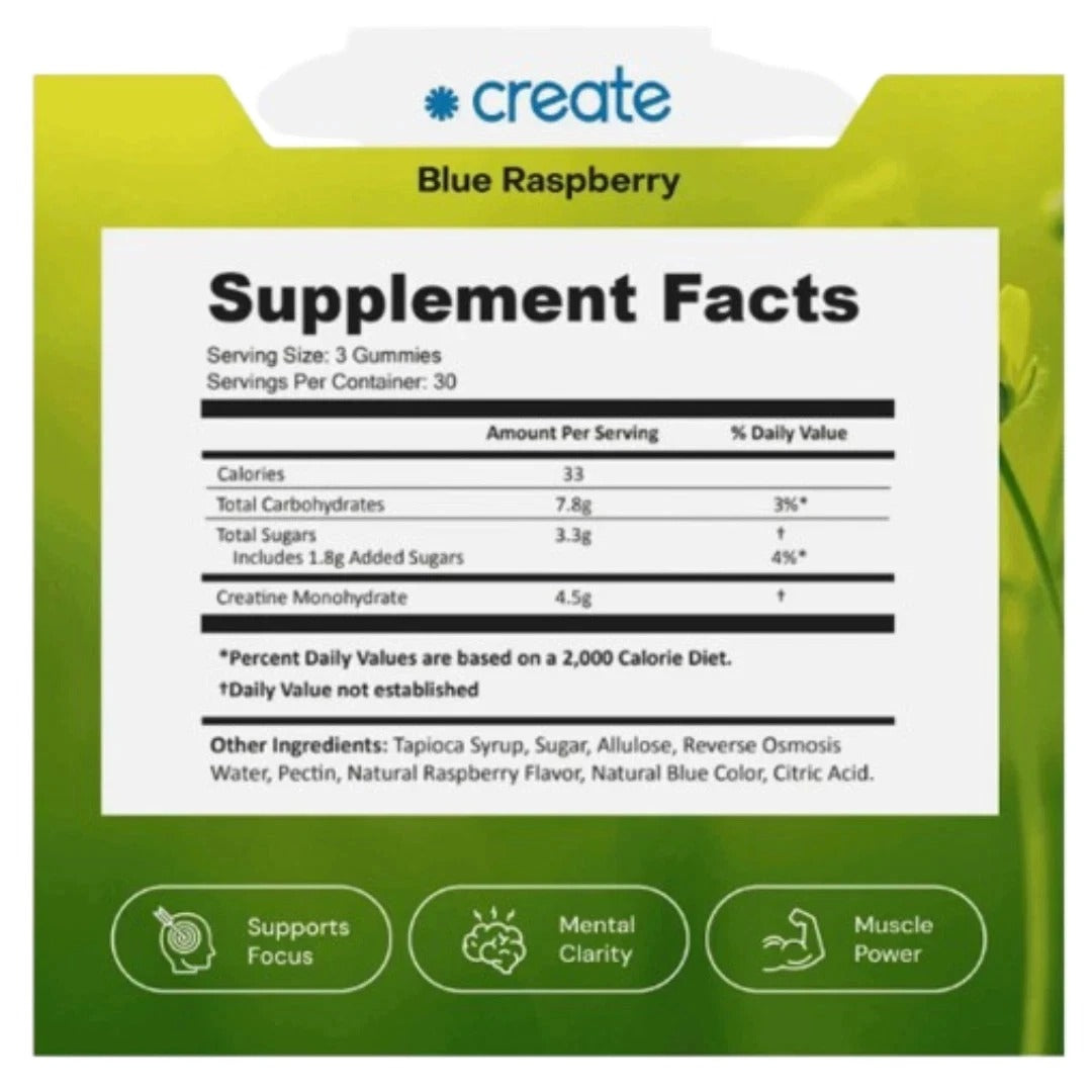 SuperMart Create Creatine Monohydrate Gummies for Men & Women, Boost Focus, Strength, and Endurance, Anti-Melting Formula, Vegan, Gluten-Free, Non-GMO, 1.5g of Creatine per Gummy (Blue Raspberry, 90 ct)