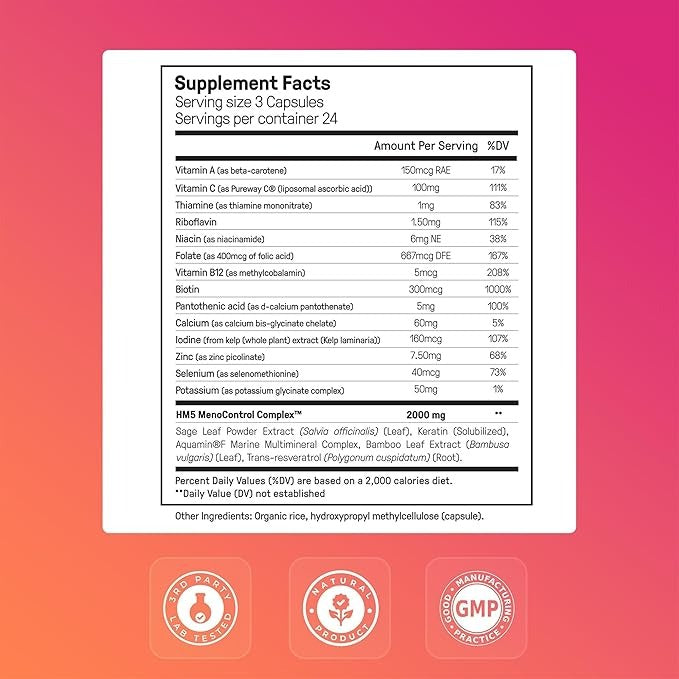 SuperMart Happy Mammoth Meno Daily Menopause Vitamins & Supplements for Women (*Not Hormone Harmony), Boost Metabolism, Healthy Skin, Hair and Nails, Hot Flash, Mood Support, 72 Caps