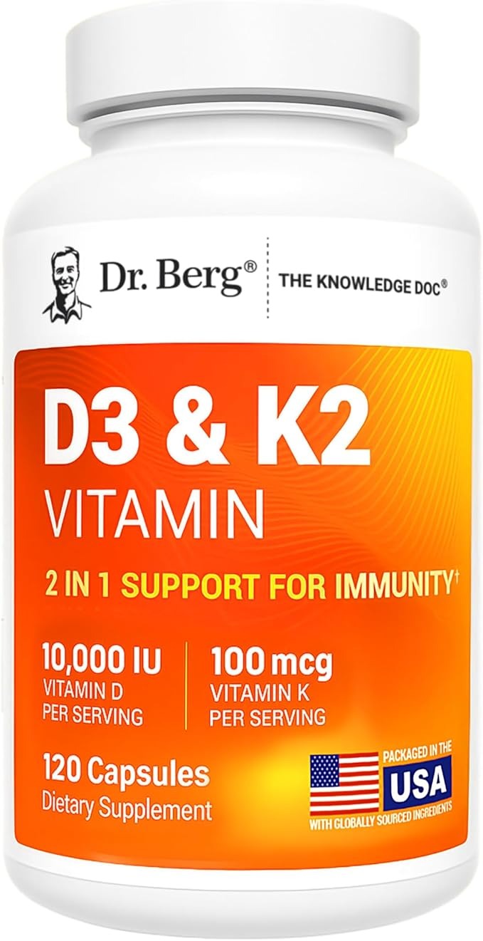 SuperMart Dr. Berg Maximum Strength 2-in-1 Vitamin D3 K2 10,000 IU | Naturally Derived D3 | 4X Lab-Tested & Verified | High Absorption Formula | K2 D3 Vitamin Supplement - 120 Capsules