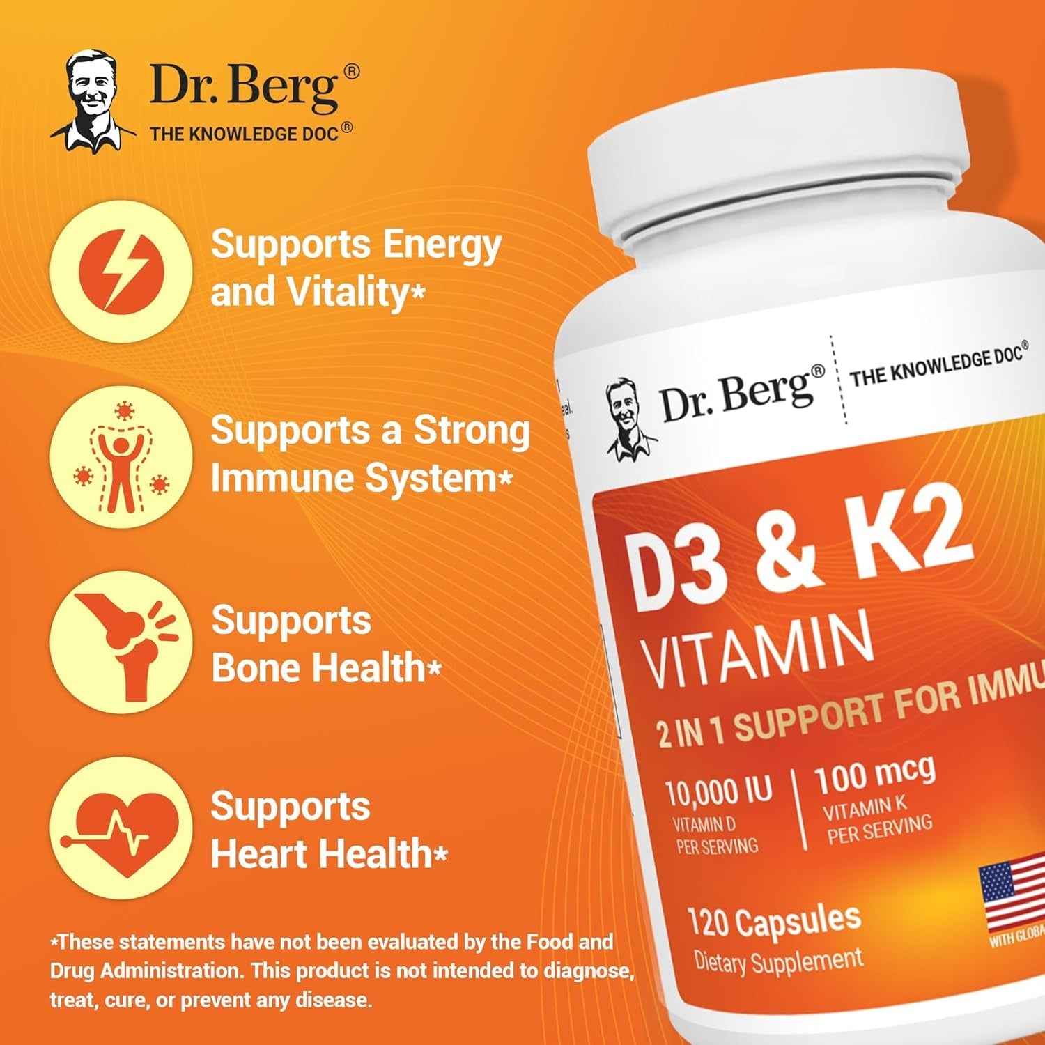 SuperMart Dr. Berg Maximum Strength 2-in-1 Vitamin D3 K2 10,000 IU | Naturally Derived D3 | 4X Lab-Tested & Verified | High Absorption Formula | K2 D3 Vitamin Supplement - 120 Capsules
