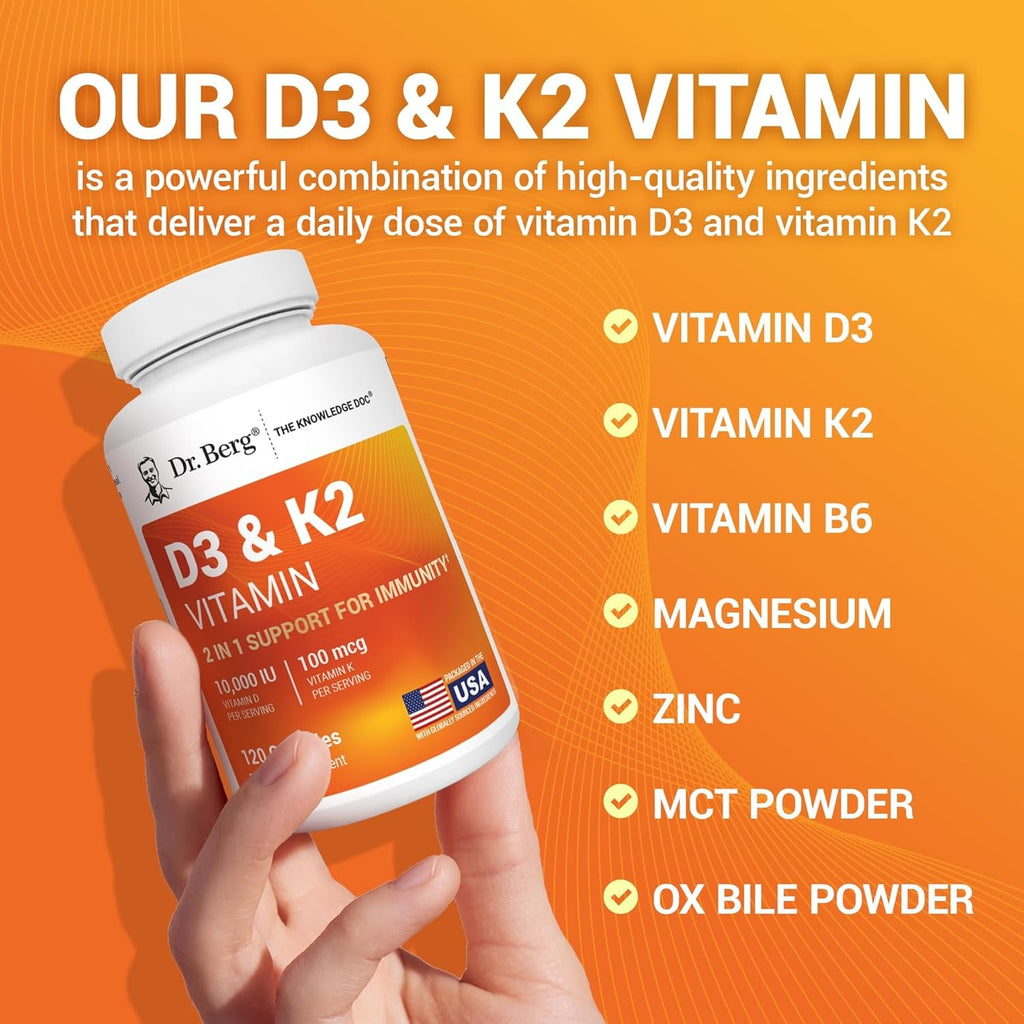 SuperMart Dr. Berg Maximum Strength 2-in-1 Vitamin D3 K2 10,000 IU | Naturally Derived D3 | 4X Lab-Tested & Verified | High Absorption Formula | K2 D3 Vitamin Supplement - 120 Capsules