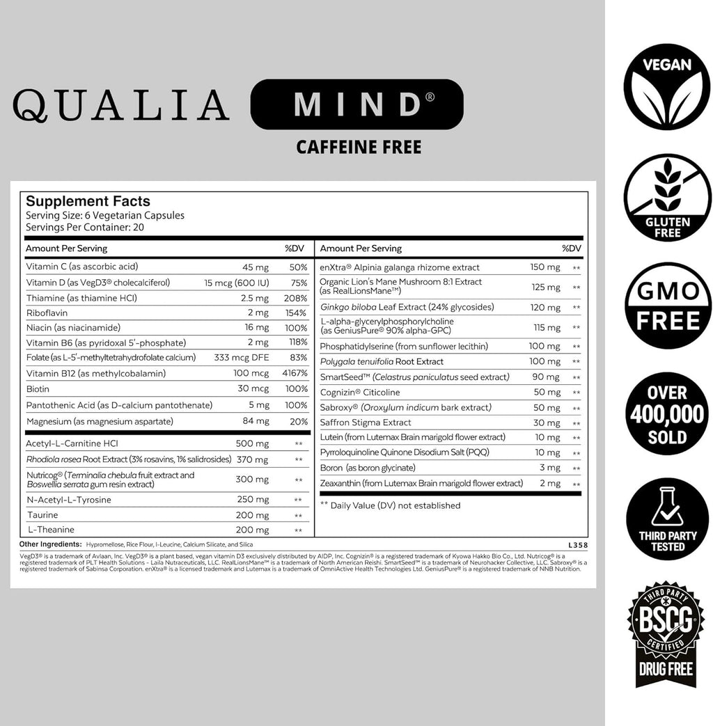 SuperMart QUALIA MIND (Caffeine Free) | The Ultimate Blend For Brain Health | Doctor-Formulated Nootropic To Fuel Focus & Concentration | Supports Long Term Brain Health| Maintain Drive & Productivity