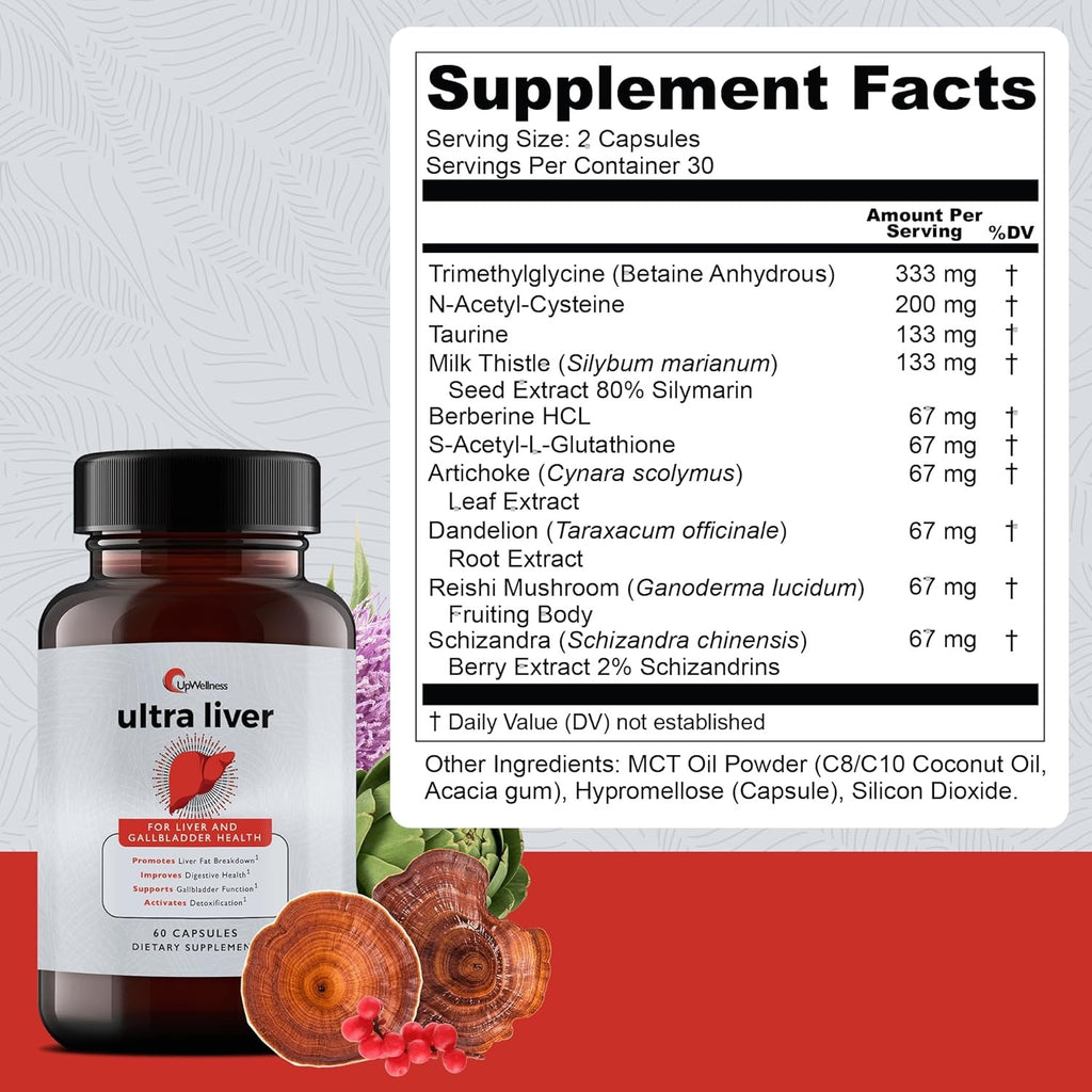 SuperMart UpWellness Ultra Liver Supplement for Liver Support and Gallbladder Support - Powered by TMG, NAC Milk Thistle, and More - Liver Cleanse Detox & Repair - 60 Capsules