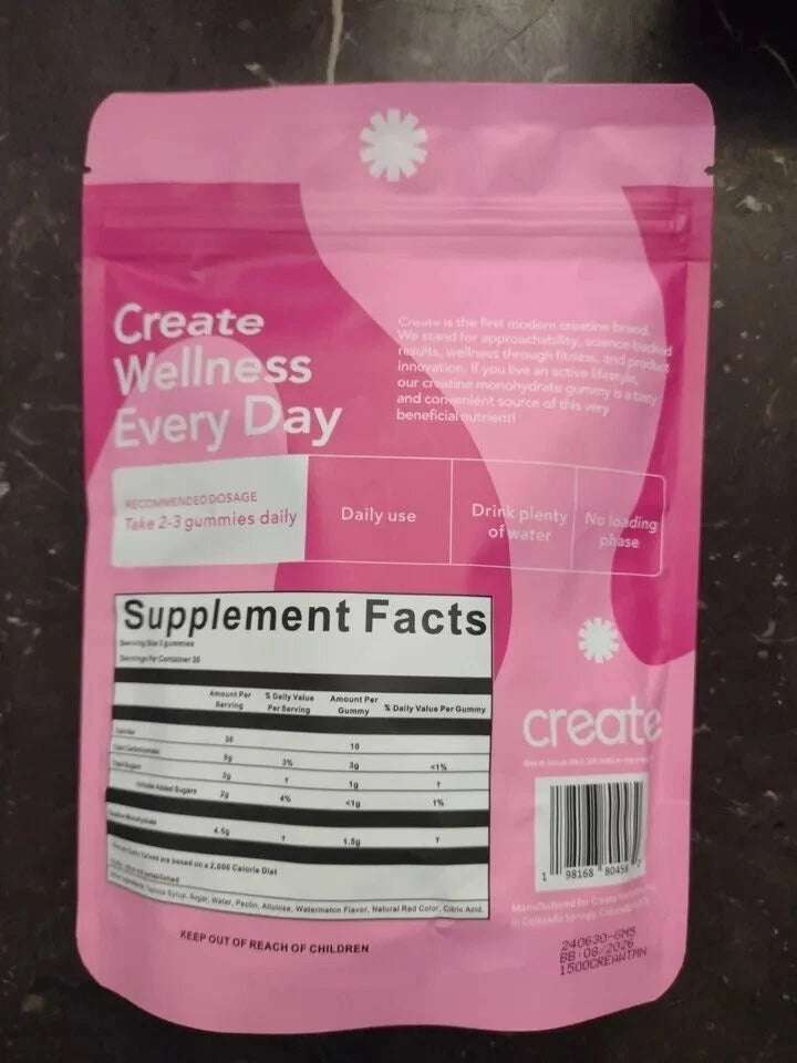 SuperMart Create Creatine Monohydrate Gummies for Men & Women - Boost Focus, Strength, and Endurance, Anti-Melting Formula, Vegan, Gluten-Free, Non-GMO, 1.5 Gram Creatine per Gummy (Watermelon, 90 ct)