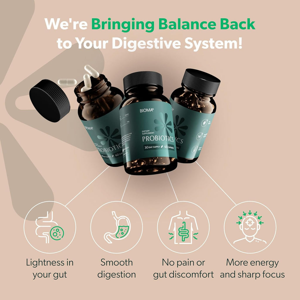 SuperMart BIOMA Probiotics for Weight Management & Digestive Health, Gut Health Probiotics and Prebiotics/Postbiotics, Slow Release Synbiotic Probiotic Capsules for Gut Health Multi Enzyme (60 Caps)