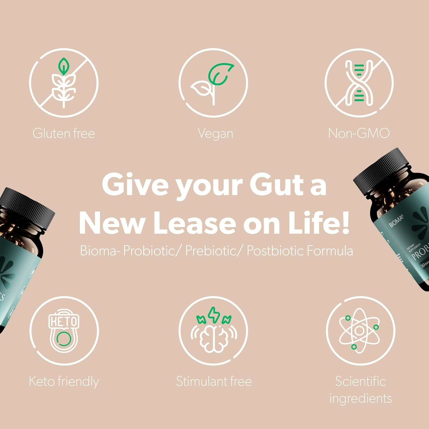 SuperMart BIOMA Probiotics for Weight Management & Digestive Health, Gut Health Probiotics and Prebiotics/Postbiotics, Slow Release Synbiotic Probiotic Capsules for Gut Health Multi Enzyme (60 Caps)