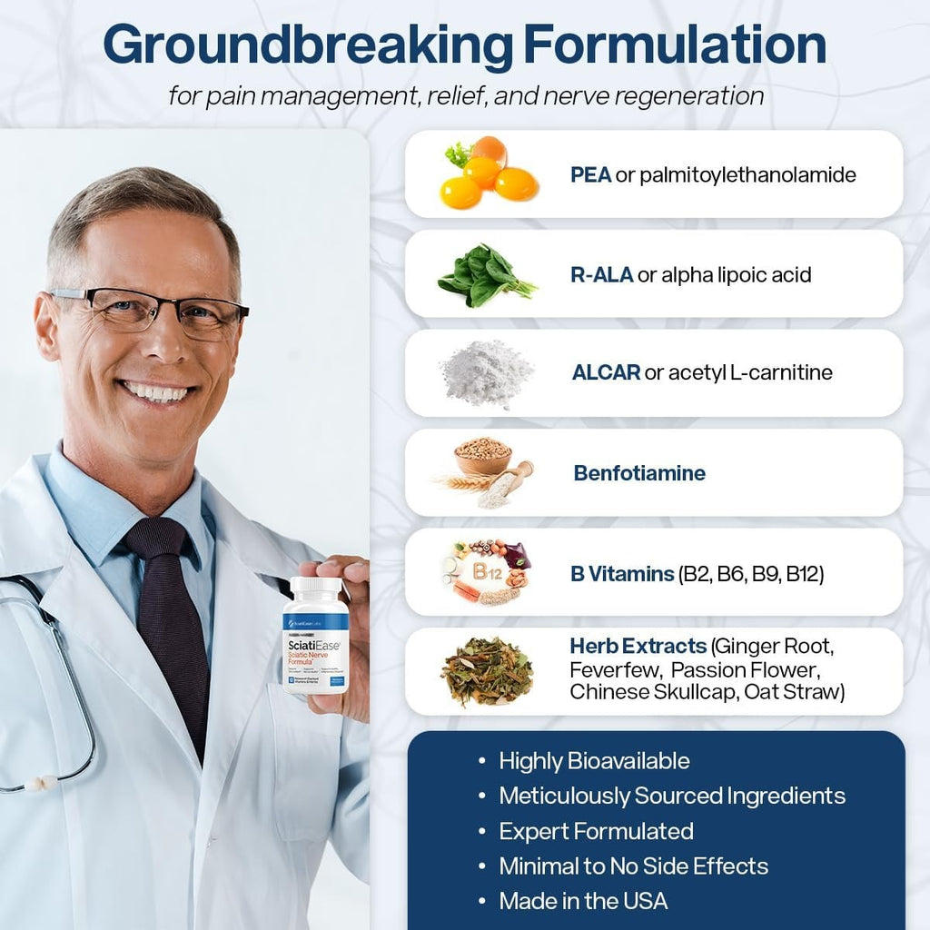 SuperMart SciatiEase Sciatic Nerve Health Support Supplement - Nerve Support Formula with AlphaPalm, Pea, Vitamin B Complex, Alpha Lipoic Acid 300mg - 120 Capsules