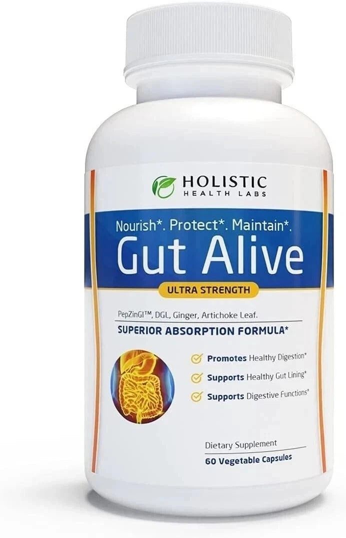 SuperMart Gut Alive - All Natural Support to Fight IBS, Heartburn, Acid Indigestion, Acid Reflux, Bloating & Gas. Unique Formulation, 60 Count
