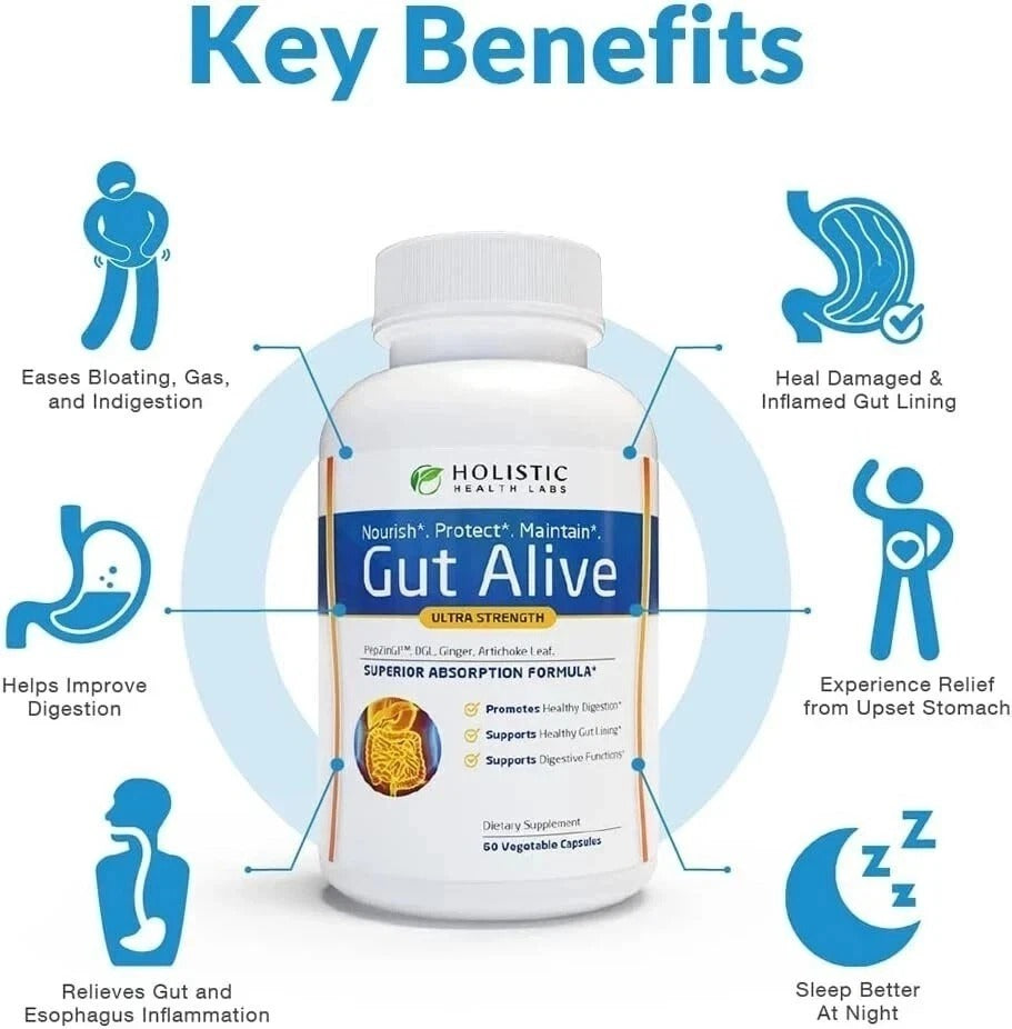 SuperMart Gut Alive - All Natural Support to Fight IBS, Heartburn, Acid Indigestion, Acid Reflux, Bloating & Gas. Unique Formulation, 60 Count
