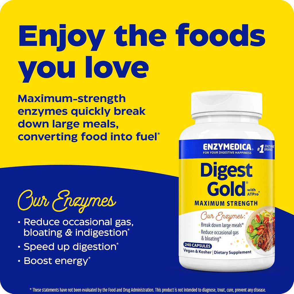 SuperMart Enzymedica Digest Gold + ATPro, Maximum Strength, Fast-Acting, Helps Digest Large Meals, Prevents Bloating and Gas, 240 Count