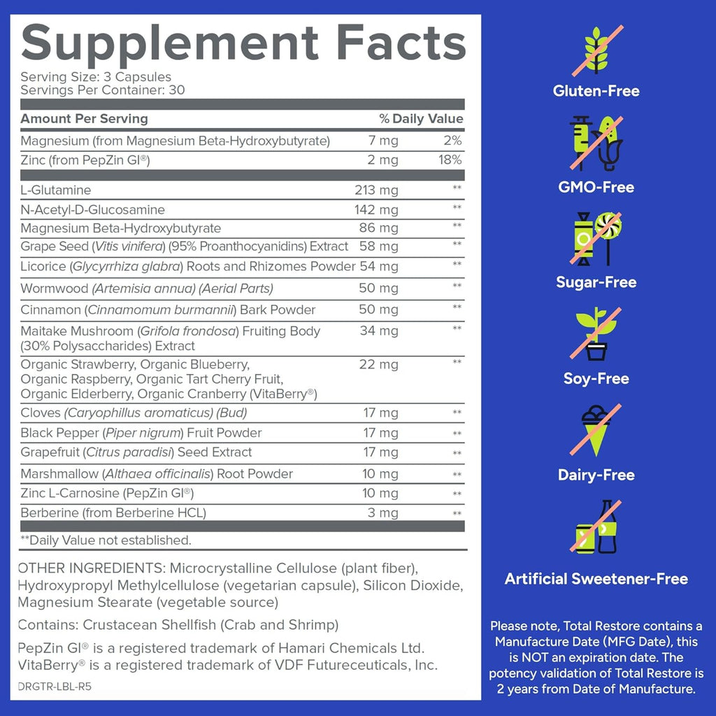 SuperMart Gundry MD Total Restore Gut Lining Support, Digestive Supplement for Gastrointestinal Wellness, Gut Health Supplement, Gut Health for Women and Men, 90 Capsules