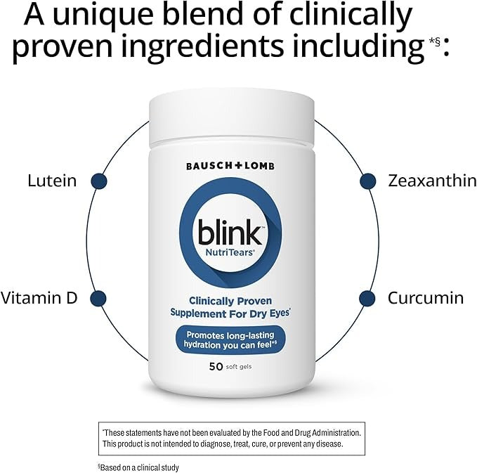 SuperMart BLINK NutriTears Clinically Proven Supplement for Dry Eyes, Eye Care with Lutein & Zeaxanthin and Vitamin D to Hydrate Eyes from Within for Long-Lasting Relief, 50 Softgels