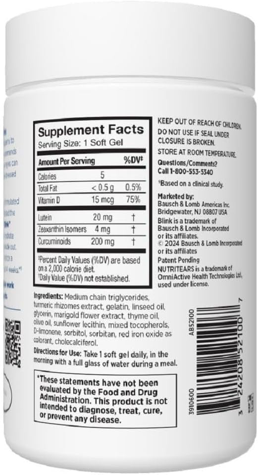 SuperMart BLINK NutriTears Clinically Proven Supplement for Dry Eyes, Eye Care with Lutein & Zeaxanthin and Vitamin D to Hydrate Eyes from Within for Long-Lasting Relief, 50 Softgels