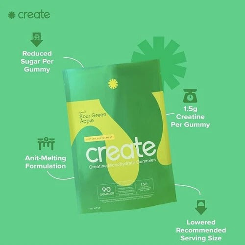 SuperMart Create Creatine Monohydrate Gummies for Men & Women, Boost Focus, Strength, and Endurance, Anti-Melting Formula, Vegan, Gluten-Free, Non-GMO, 1.5g of Creatine per Gummy (Blue Raspberry, 90 ct)