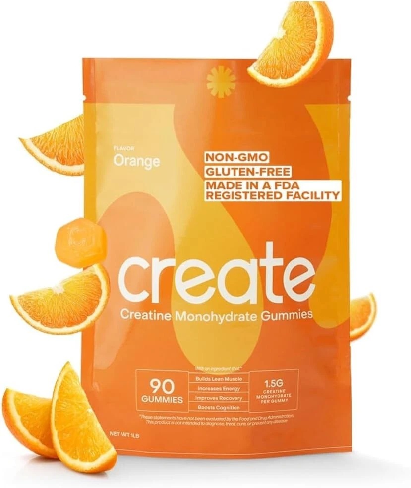 SuperMart Create Creatine Monohydrate Gummies for Men & Women, Boost Focus, Strength, and Endurance, Anti-Melting Formula, Vegan, Gluten-Free, Non-GMO, 1.5g of Creatine per Gummy (Orange, 90 ct)