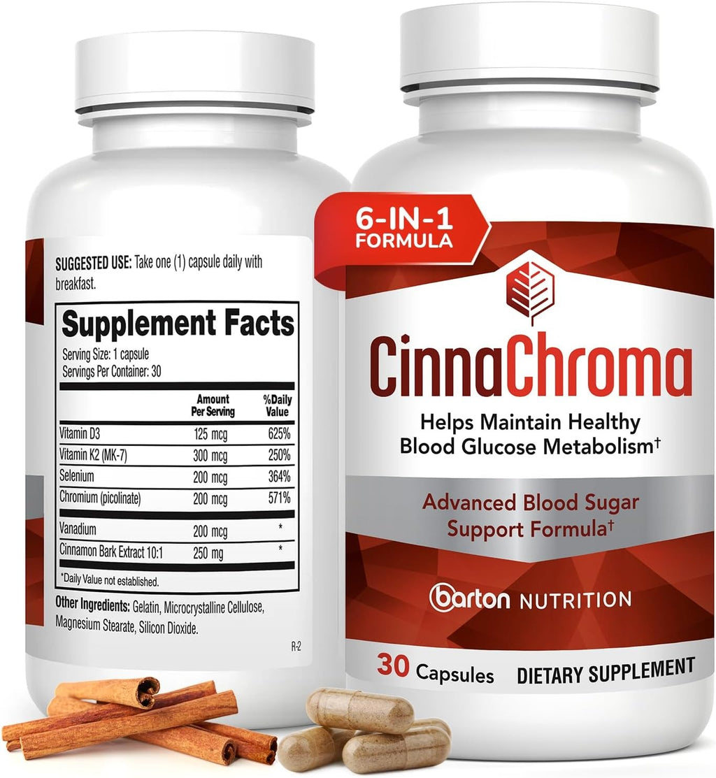 SuperMart CinnaChroma Capsules - Cinnamon Supplements with 10:1 Extract, Chromium, Vanadium, Selenium, Vitamin D3 & K2 - Natural Sugar Blocker - 30 Capsules, 1 Month Supply