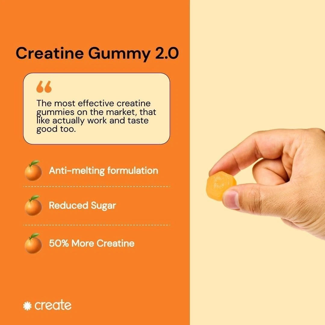 SuperMart Create Creatine Monohydrate Gummies for Men & Women, Boost Focus, Strength, and Endurance, Anti-Melting Formula, Vegan, Gluten-Free, Non-GMO, 1.5g of Creatine per Gummy (Orange, 90 ct)