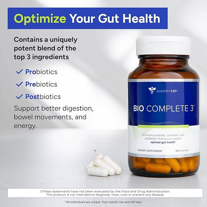 SuperMart Gundry MD Bio Complete 3, 3-in-1 Probiotics for Gut Health, Probiotic Supplements for Digestion, Supplement Supporting Bloating, Gas, Food Cravings, Energy Levels, Skin, and Focus, 30 Day Supply