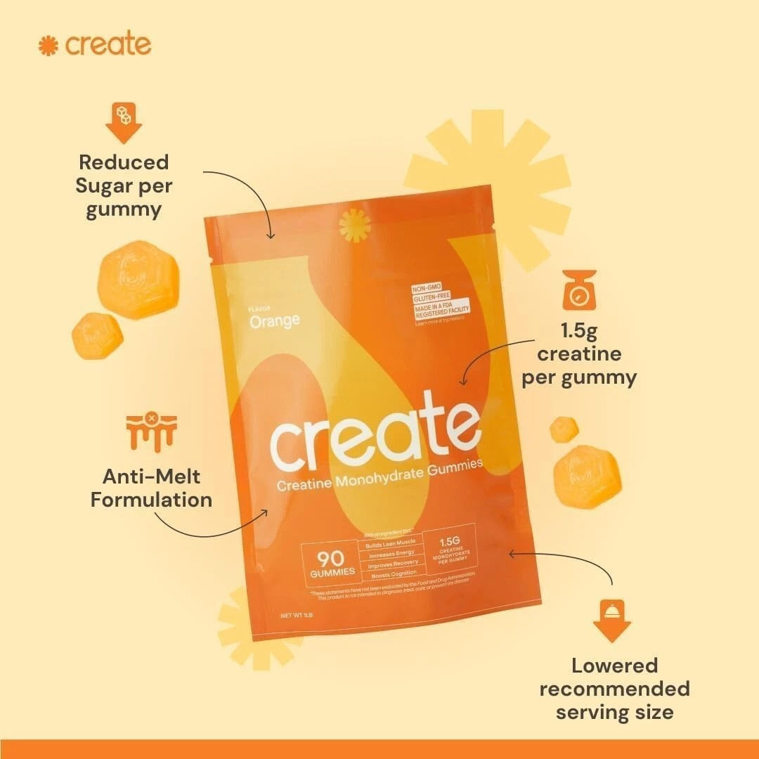 SuperMart Create Creatine Monohydrate Gummies for Men & Women, Boost Focus, Strength, and Endurance, Anti-Melting Formula, Vegan, Gluten-Free, Non-GMO, 1.5g of Creatine per Gummy (Orange, 90 ct)