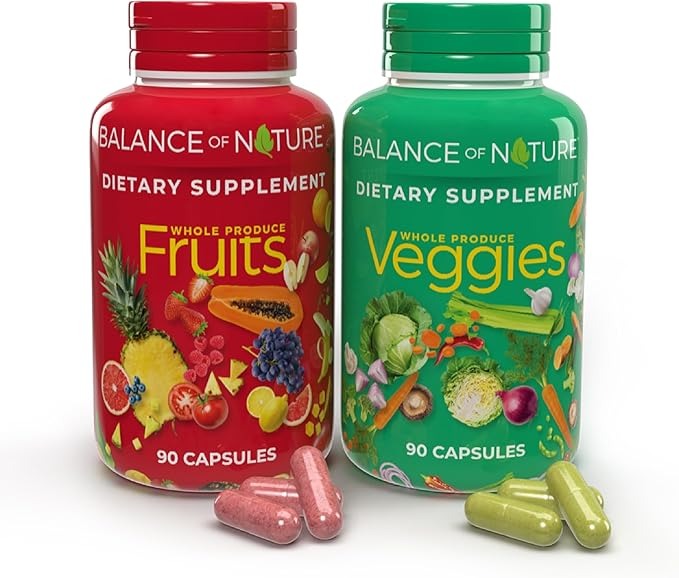 SuperMart Balance of Nature Fruits and Veggies Supplements - Whole Fruit and Vegetable Ingredients for Women, Men, and Kids - 90 Fruit Capsules, 90 Veggie Capsules