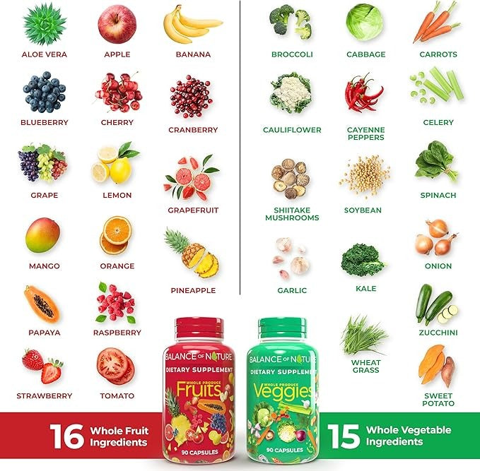 SuperMart Balance of Nature Fruits and Veggies Supplements - Whole Fruit and Vegetable Ingredients for Women, Men, and Kids - 90 Fruit Capsules, 90 Veggie Capsules