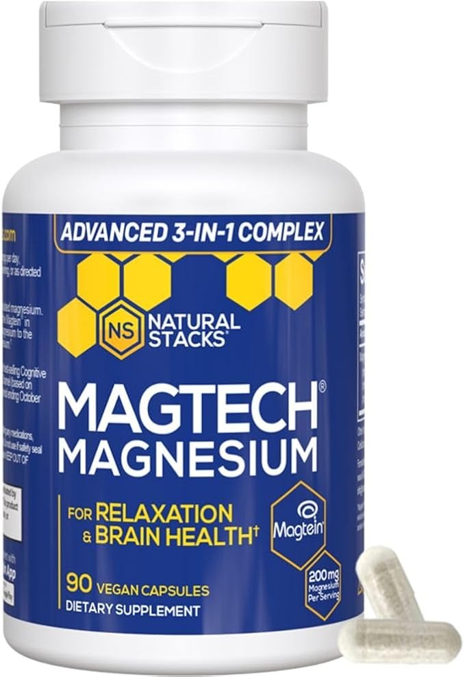 SuperMart Magnesium Magtein L-Threonate, Glycinate & Taurate – 200mg Chelated Magnesium Complex – MagTech Magnesium Supplement for Relaxation & Brain Health – 90 Capsules