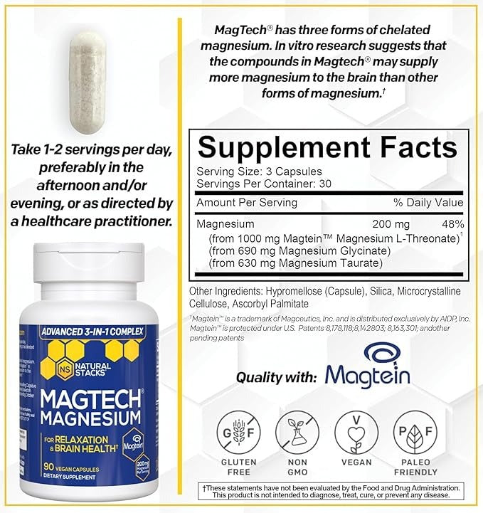SuperMart Magnesium Magtein L-Threonate, Glycinate & Taurate – 200mg Chelated Magnesium Complex – MagTech Magnesium Supplement for Relaxation & Brain Health – 90 Capsules