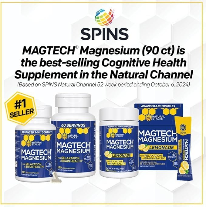 SuperMart Magnesium Magtein L-Threonate, Glycinate & Taurate – 200mg Chelated Magnesium Complex – MagTech Magnesium Supplement for Relaxation & Brain Health – 90 Capsules