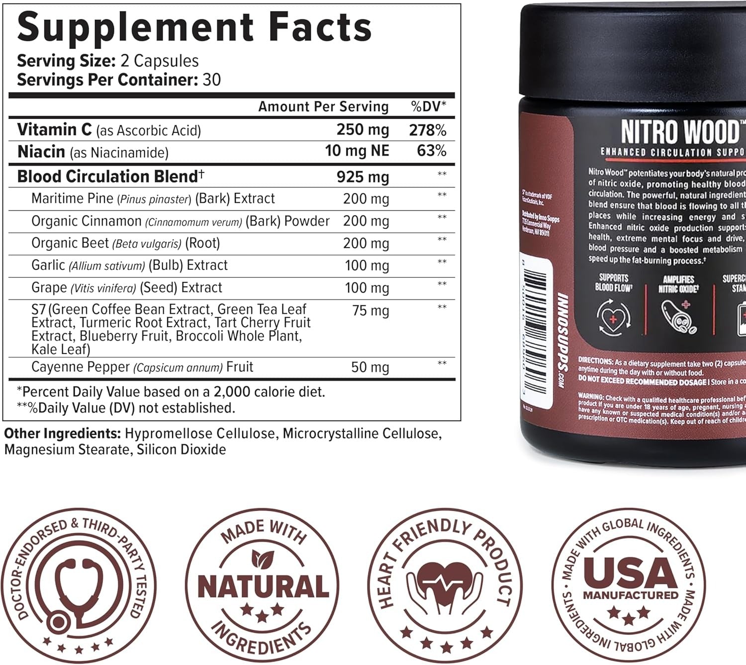 SuperMart InnoSupps Nitro Wood - Supports Healthy Blood Flow | Nitric Oxide Supplement | Natural Immune Support | (60 Vegetarian Capsules)