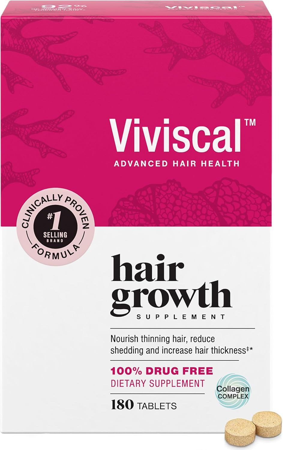 SuperMart Viviscal Hair Growth Supplements for Women, Thicker Fuller Hair Support for Thinning Hair and Hair Loss, with Biotin and Marine Collagen, Drug-Free, 180 Tablets, 90-Day Supply