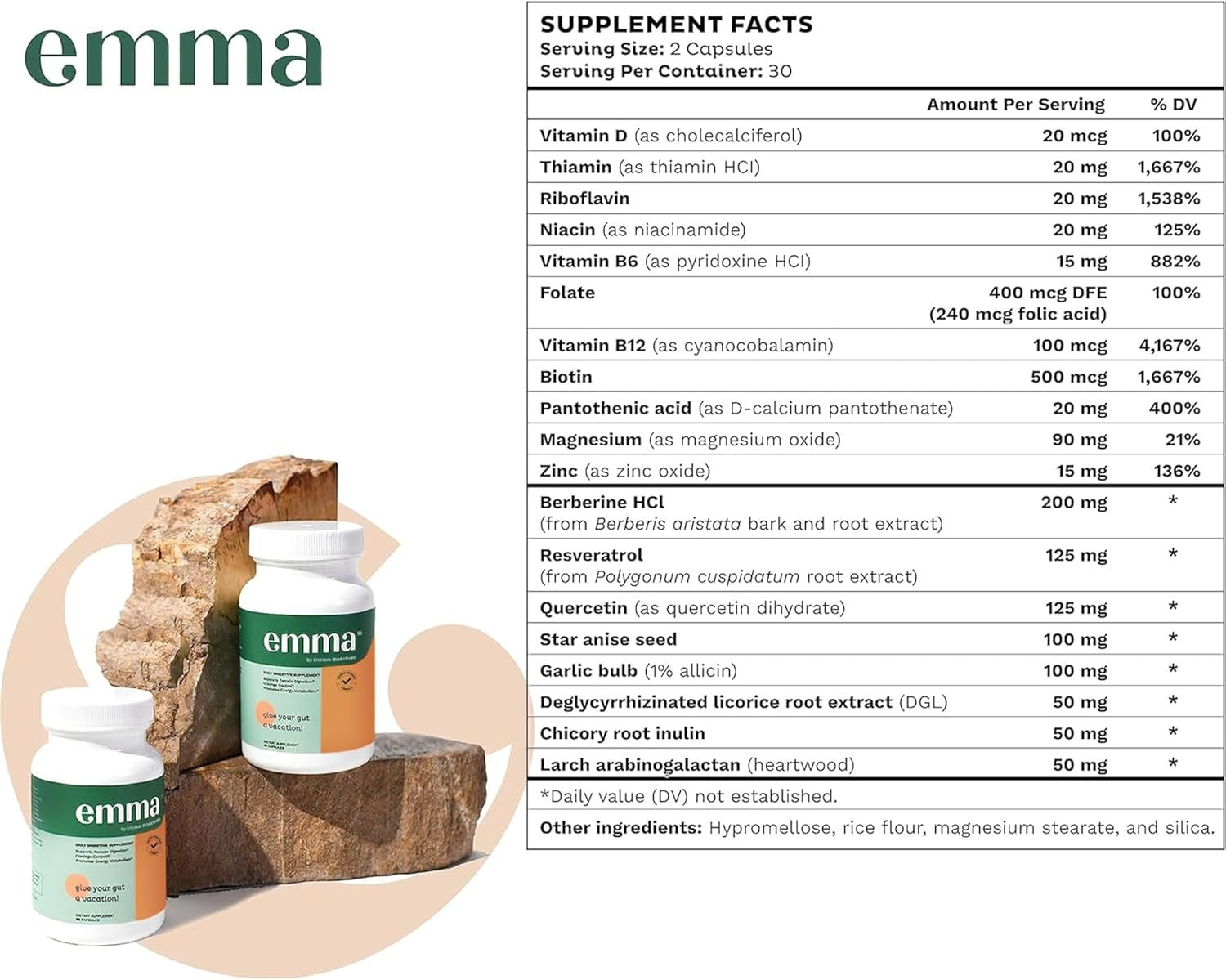 SuperMart Emma Gut Health - Gas and Bloating Relief, Constipation, Leaky Gut Repair - Gut Cleanse & Restore Digestion - Regulate Bowel Movement. Probiotics and Laxative Alternative, 60 Capsules